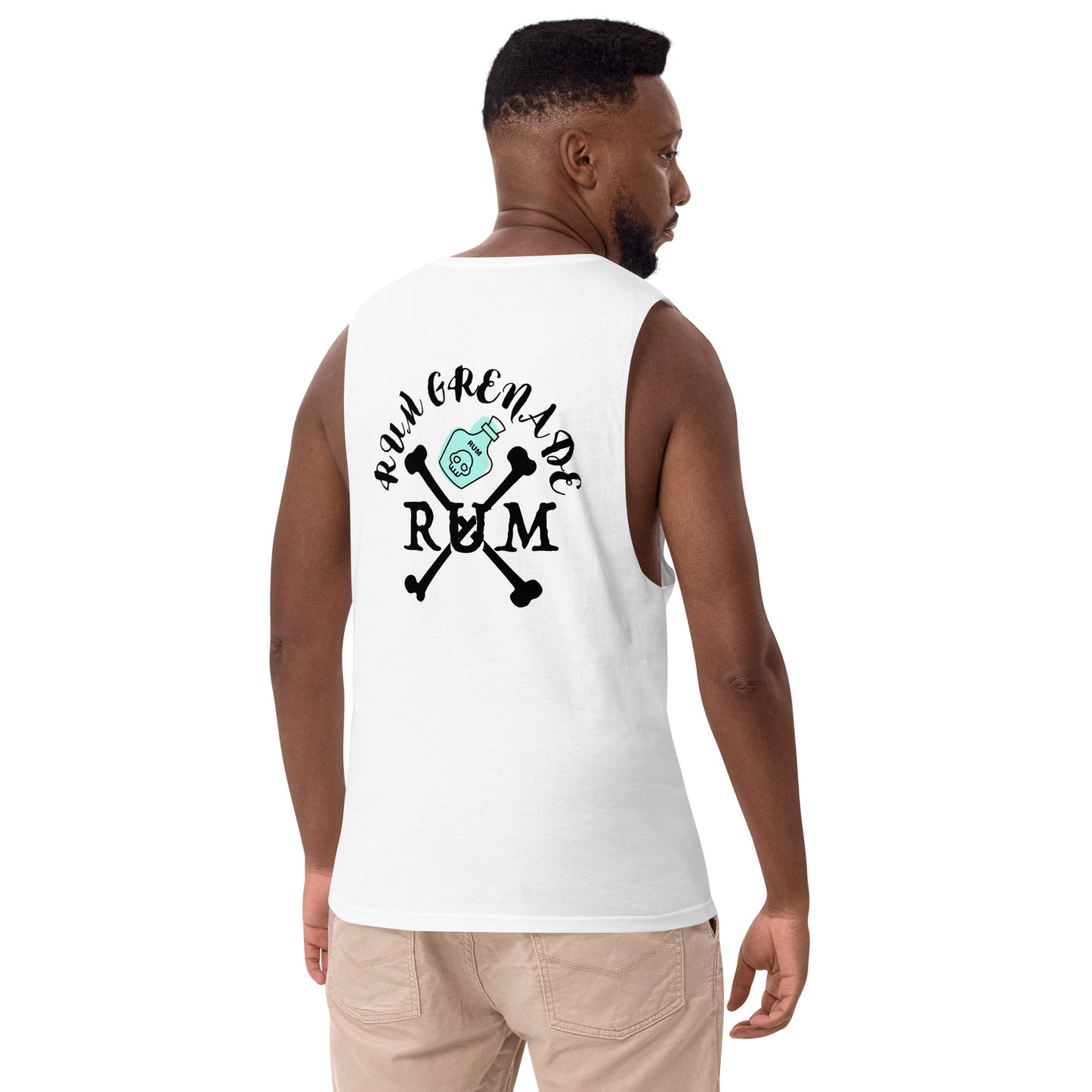 Rum Grenade in White drop arm tank top