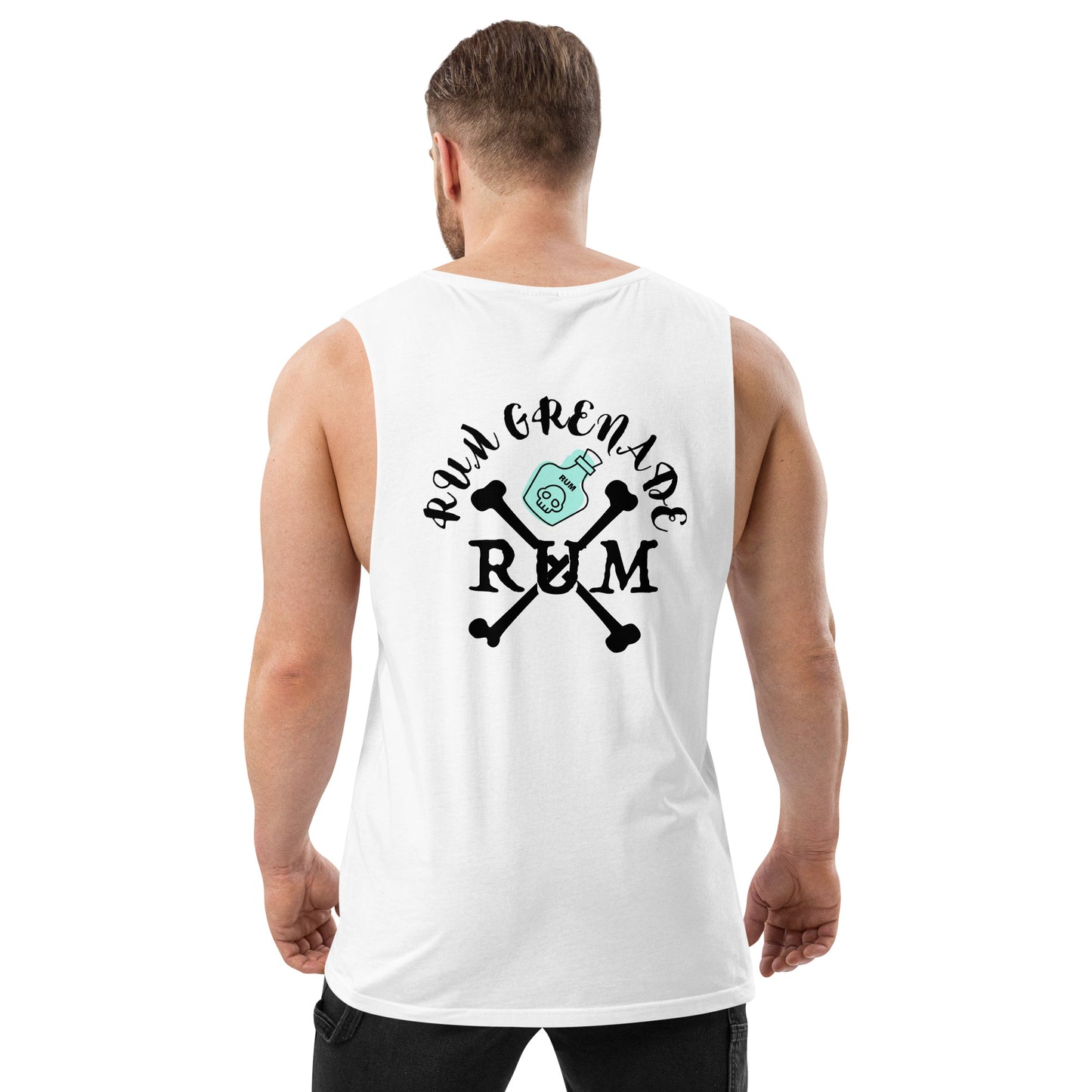 Rum Grenade in White drop arm tank top